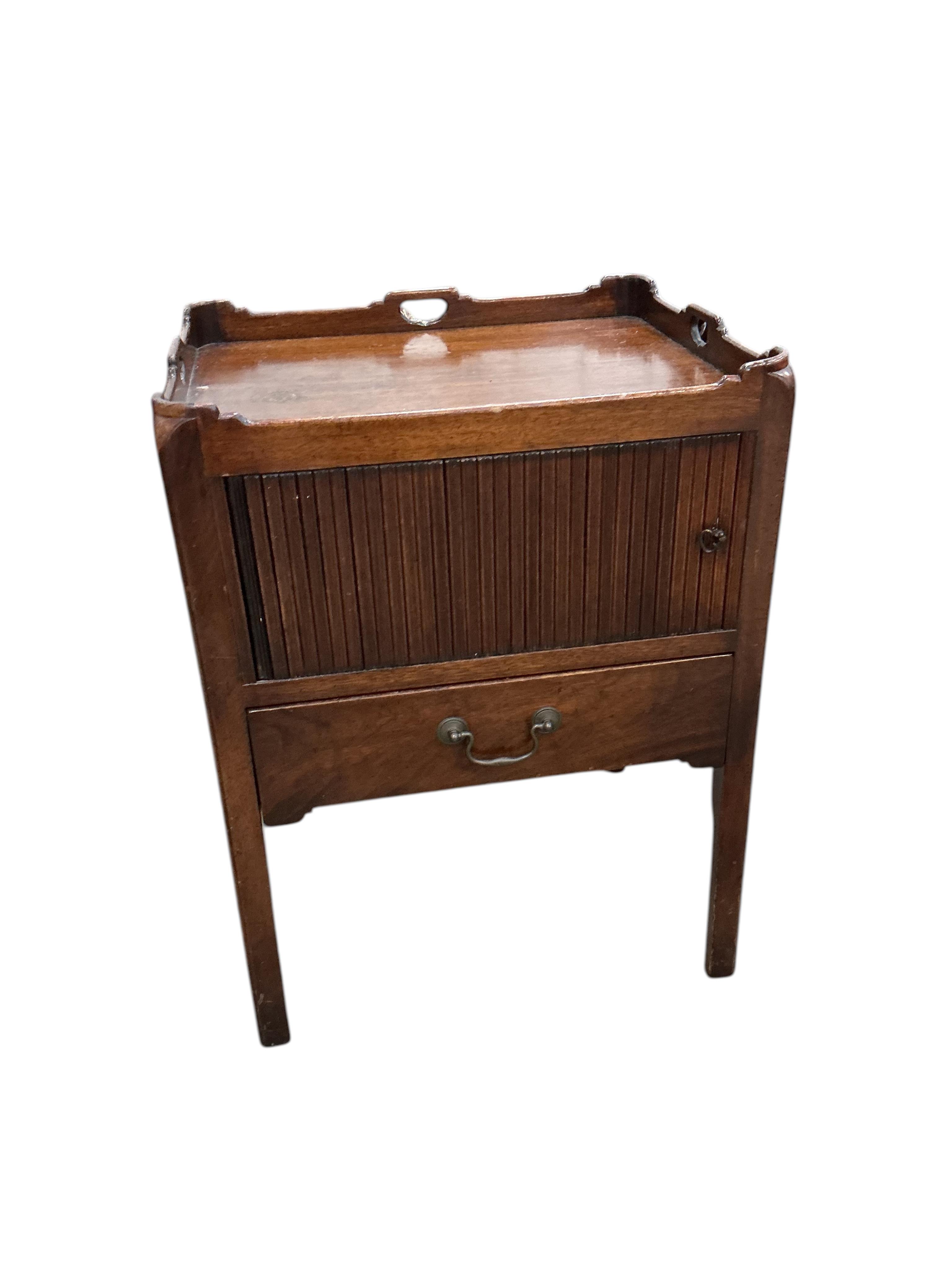 A pair of reproduction George III style tambour tray top bedside cupboards, width 56cm, depth 46cm, height 74cm